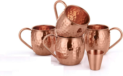 AVADOR® Set of 4 Handcrafted Pure Copper Moscow Mule Mugs with Shot Glass, Hammered Finish, 16 Oz.
