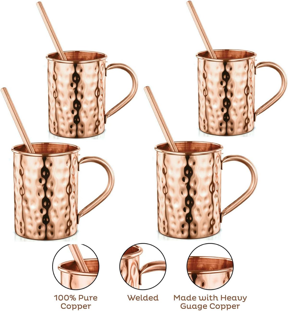 AVADOR® Set of 4 Handcrafted Straight Copper Moscow Mule Mugs with Straws Hammered Finish 16 Oz. Elegant Modern Set for Special Occasions | Gifting | Wedding Favors | Beverage Tasting