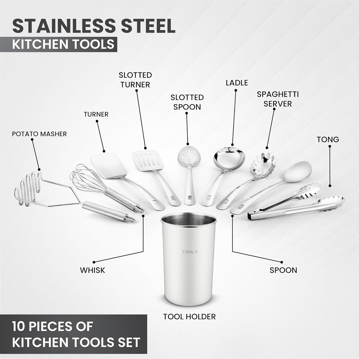 AVADOR® Premium 10-Piece Stainless Steel Kitchen Tool Set with White/ Cream Holder