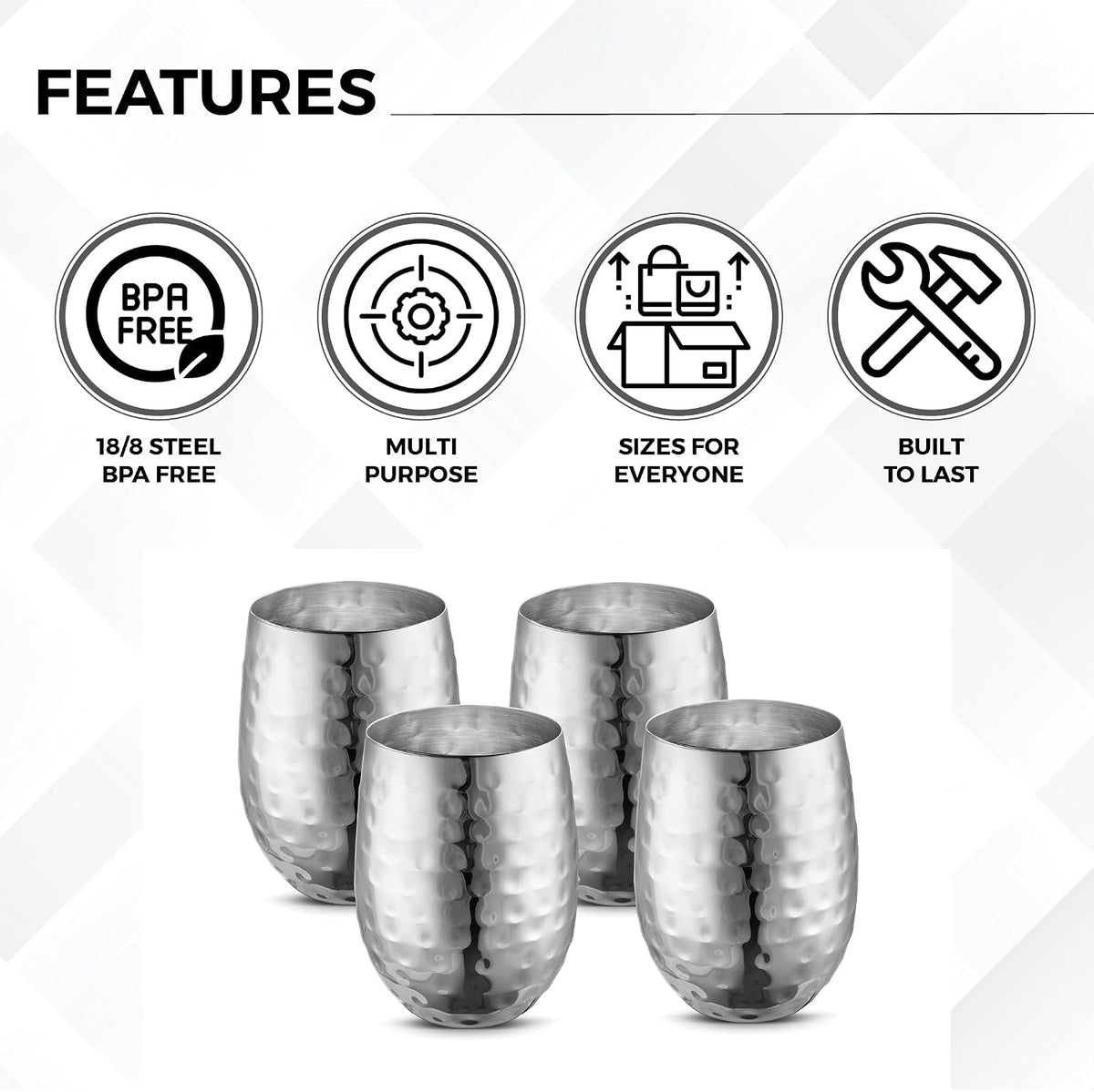 AVADOR® Set of 4 Stainless Steel Shatterproof Drinkware Tumblers Stainless Steel Finish