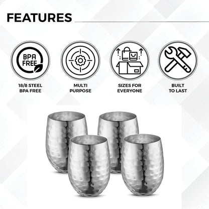 AVADOR® Set of 4 Stainless Steel Shatterproof Drinkware Tumblers Stainless Steel Finish