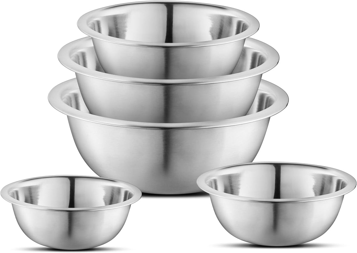 AVADOR® Premium Stainless Steel Mixing Bowls, Set of 5 Brushed Stainless Steel Mixing Bowl Set, Easy To Clean, Space Saving, Great for Cooking, Baking, Prepping (5 Pc Mixing Bowl)