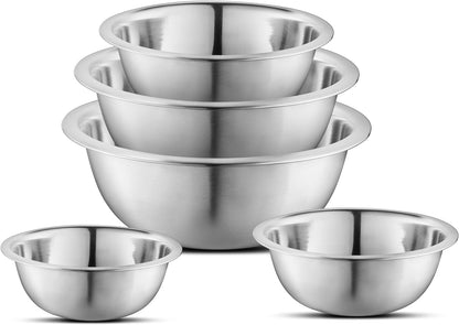 AVADOR® Premium Stainless Steel Mixing Bowls, Set of 5 Brushed Stainless Steel Mixing Bowl Set, Easy To Clean, Space Saving, Great for Cooking, Baking, Prepping (5 Pc Mixing Bowl)