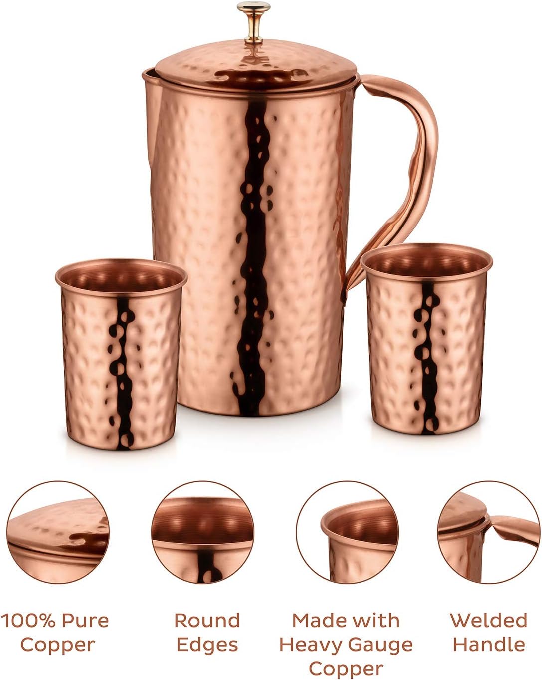 AVADOR® Handcrafted Pure Copper Pitcher/Jug with 2 Glasses, Hammered Finish