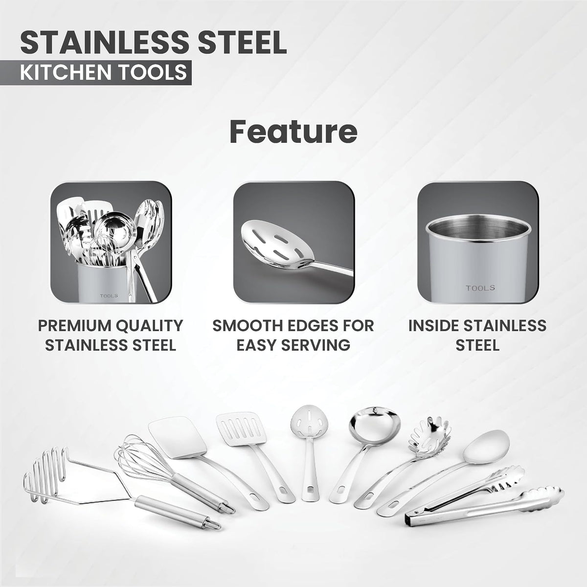 AVADOR® Premium 10-Piece Stainless Steel Kitchen Tool Set with Grey Holder