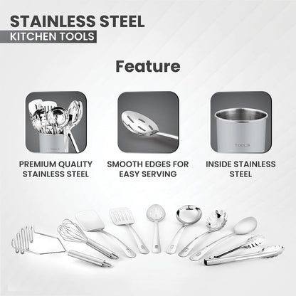 AVADOR® Premium 10-Piece Stainless Steel Kitchen Tool Set with Grey Holder