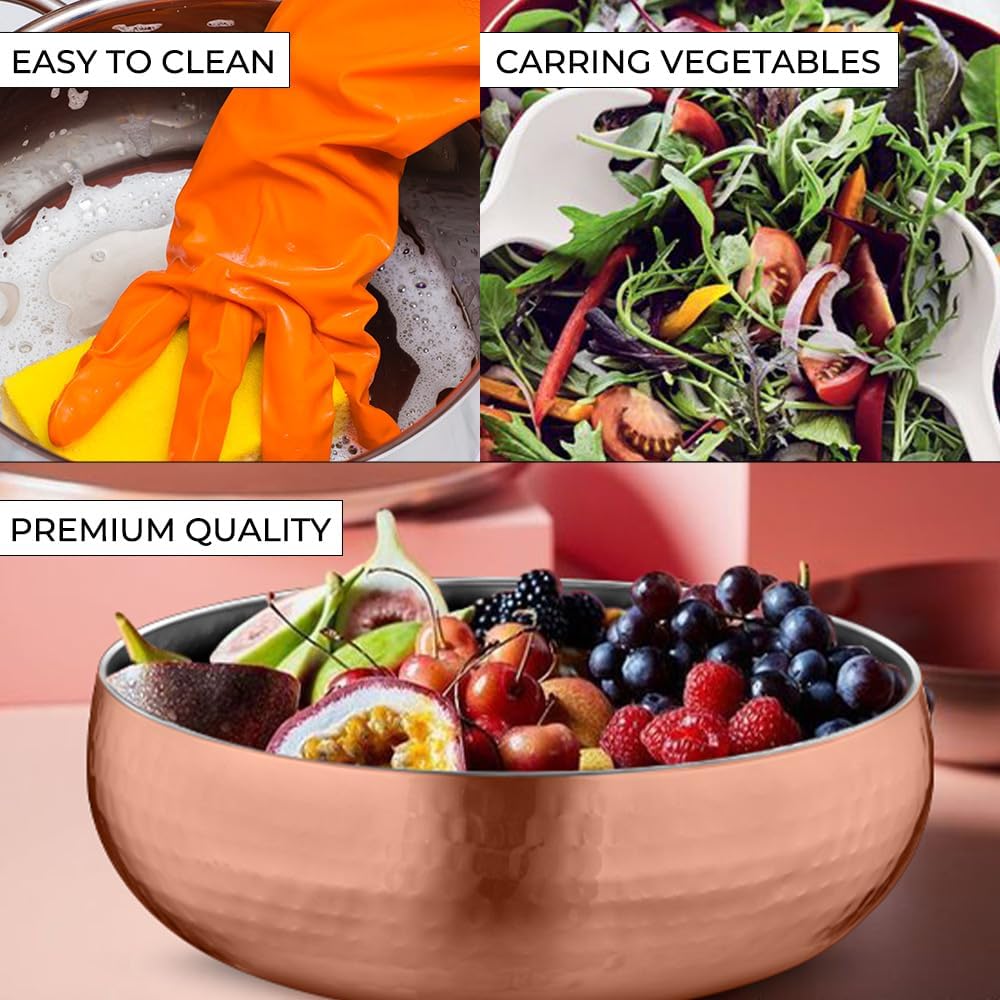 AVADOR® Set of 3 Premium Stainless Steel Salad Mixing Bowl Hammered Finish | Handmade | Includes Salad Serving Utensils (Gold Plated)