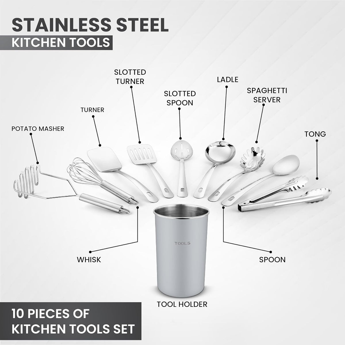 AVADOR® Premium 10-Piece Stainless Steel Kitchen Tool Set with Grey Holder