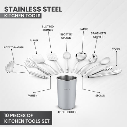 AVADOR® Premium 10-Piece Stainless Steel Kitchen Tool Set with Grey Holder