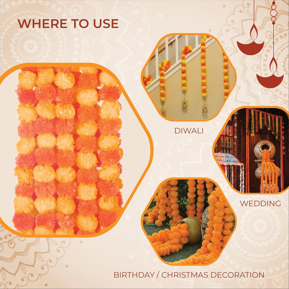 AVADOR® Set of 5 Artificial Flower Garland Strings for Special Occasions | Home Puja | Home Decor | Diwali Decor | House Warmings | Indian Wedding Celebration Mango Yellow + Orange D20