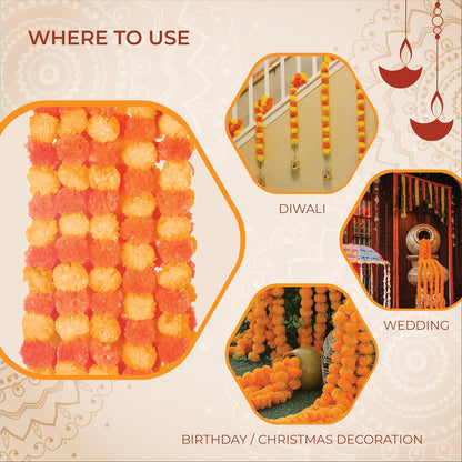 AVADOR® Set of 5 Artificial Flower Garland Strings for Special Occasions | Home Puja | Home Decor | Diwali Decor | House Warmings | Indian Wedding Celebration Mango Yellow + Orange D20