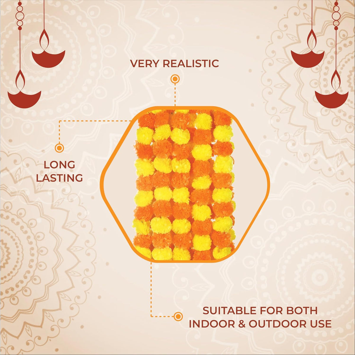 AVADOR® Set of 5 Artificial Flower Garland Strings for Special Occasions | Home Puja | Home Decor | Diwali Decor | House Warmings | Indian Wedding Celebration Lemon Yellow + Mango Yellow D17