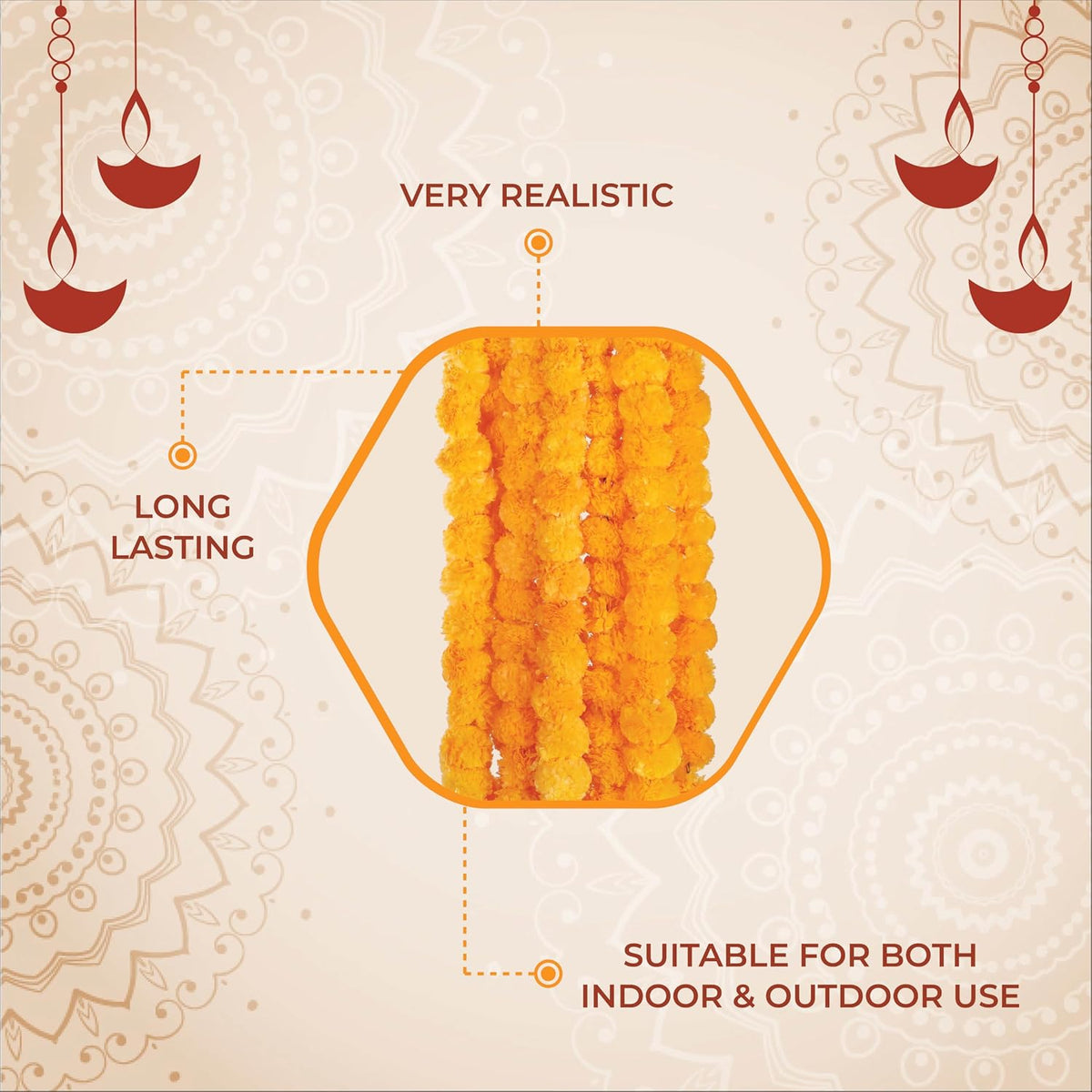 AVADOR® Set of 5 Artificial Flower Garland Strings for Special Occasions | Home Puja | Home Decor | Diwali Decor | House Warmings | Indian Wedding Celebration (Mango Yellow D3)