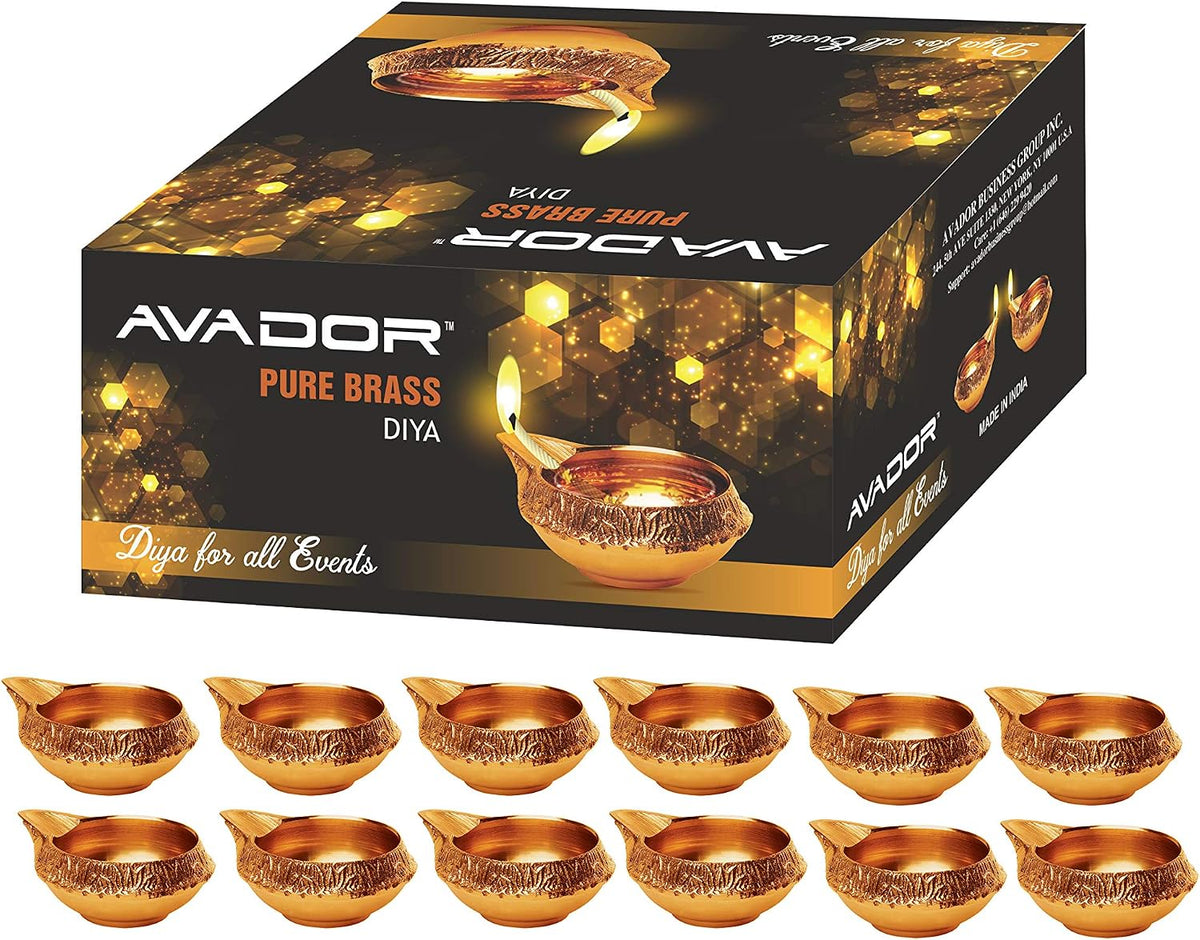 AVADOR® Handmade Brass Indian Puja Oil Lamp, Golden Diya Lamp Engraved Design, 2.5 Inch (12)