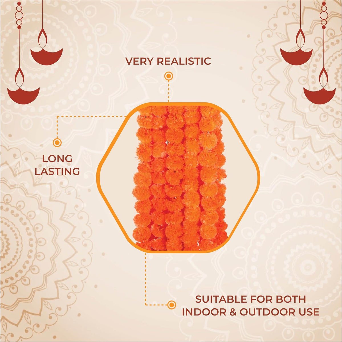 AVADOR® Set of 5 Artificial Flower Garland Strings for Special Occasions | Home Puja | Home Decor | Diwali Decor | House Warmings | Indian Wedding Celebration Orange D2