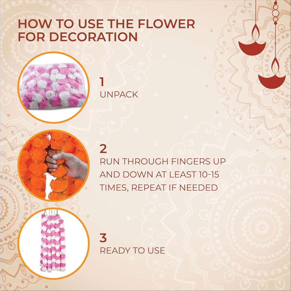 AVADOR® Set of 5 Artificial Flower Garland Strings for Special Occasions | Home Puja | Home Decor | Diwali Decor | House Warmings | Indian Wedding Celebration Pink & White