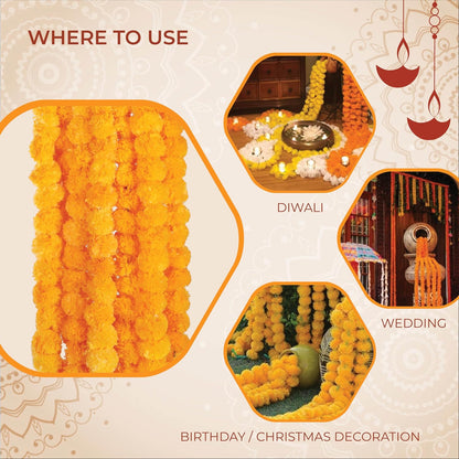 AVADOR® Set of 5 Artificial Flower Garland Strings for Special Occasions | Home Puja | Home Decor | Diwali Decor | House Warmings | Indian Wedding Celebration (Mango Yellow D3)