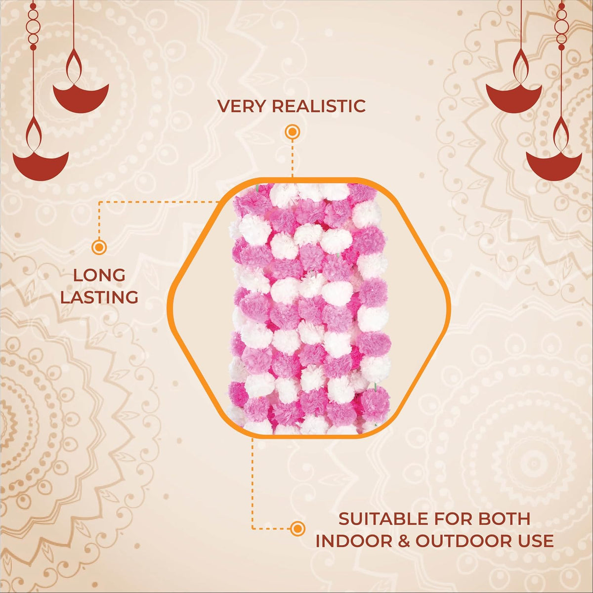 AVADOR® Set of 5 Artificial Flower Garland Strings for Special Occasions | Home Puja | Home Decor | Diwali Decor | House Warmings | Indian Wedding Celebration Pink & White