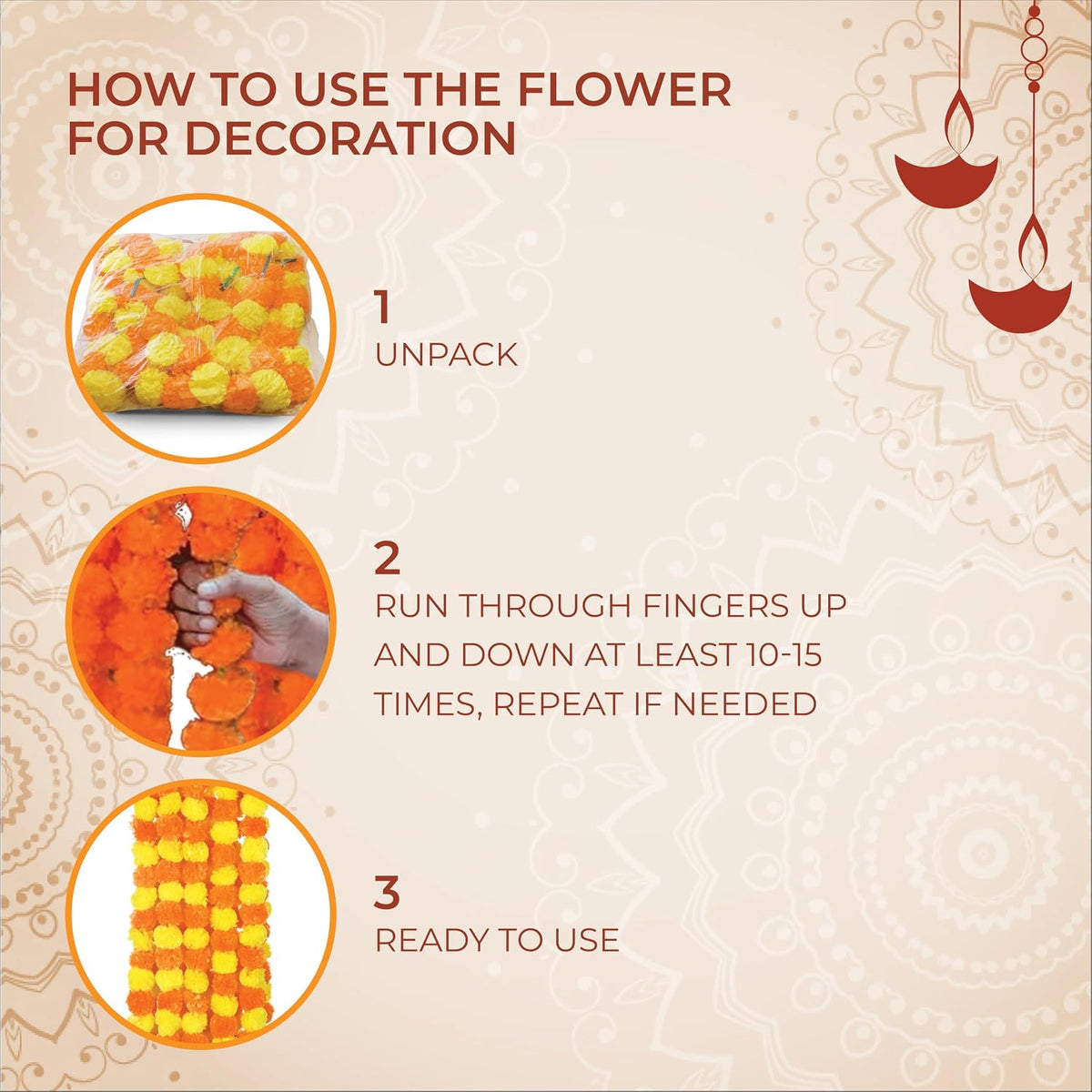 AVADOR® Set of 5 Artificial Flower Garland Strings for Special Occasions | Home Puja | Home Decor | Diwali Decor | House Warmings | Indian Wedding Celebration Lemon Yellow + Mango Yellow D17