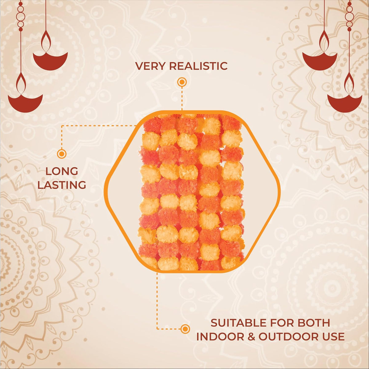 AVADOR® Set of 5 Artificial Flower Garland Strings for Special Occasions | Home Puja | Home Decor | Diwali Decor | House Warmings | Indian Wedding Celebration Mango Yellow + Orange D20