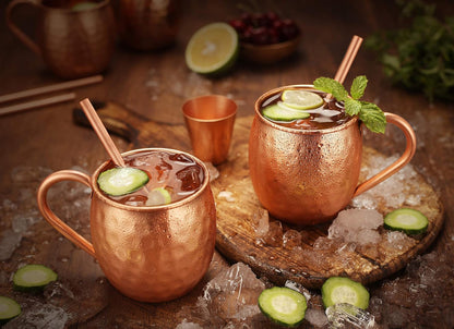 AVADOR® Set of 4 Handcrafted Pure Copper Moscow Mule Mugs with Shot Glass, Hammered Finish, 16 Oz.