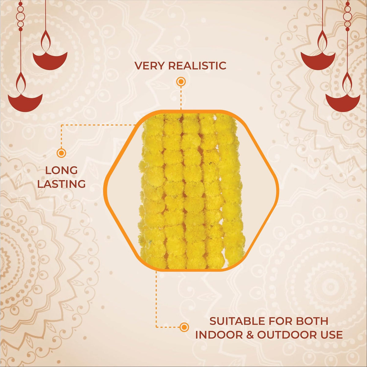 AVADOR® Set of 5 Artificial Flower Garland Strings for Special Occasions | Home Puja | Home Decor | Diwali Decor | House Warmings | Indian Wedding Celebration Lemon Yellow D1