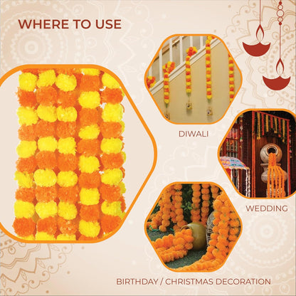 AVADOR® Set of 5 Artificial Flower Garland Strings for Special Occasions | Home Puja | Home Decor | Diwali Decor | House Warmings | Indian Wedding Celebration Lemon Yellow + Mango Yellow D17