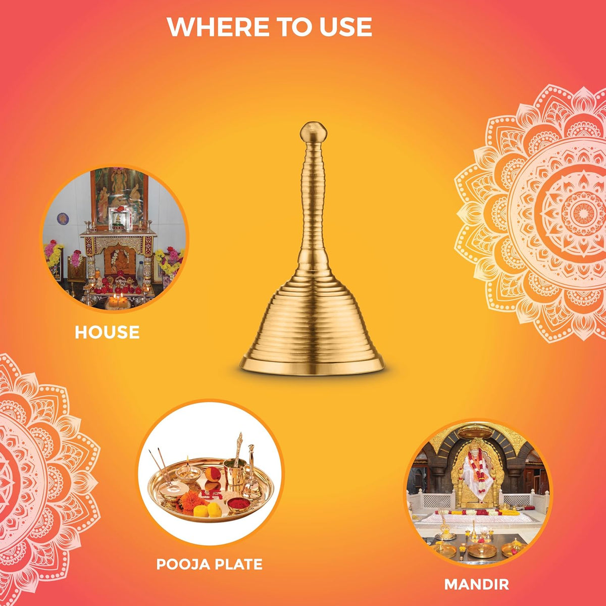 AVADOR® Handmade Brass Indian Puja Oil Lamp, Golden Diya Lamp Engraved Design Diya for Diwali Pooja (Brass Bell Set of 1)