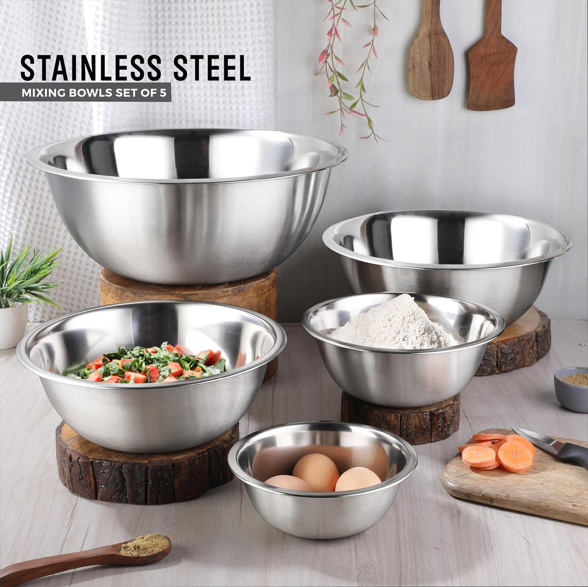 AVADOR® Premium Stainless Steel Mixing Bowls, Set of 5 Brushed Stainless Steel Mixing Bowl Set, Easy To Clean, Space Saving, Great for Cooking, Baking, Prepping (5 Pc Mixing Bowl)