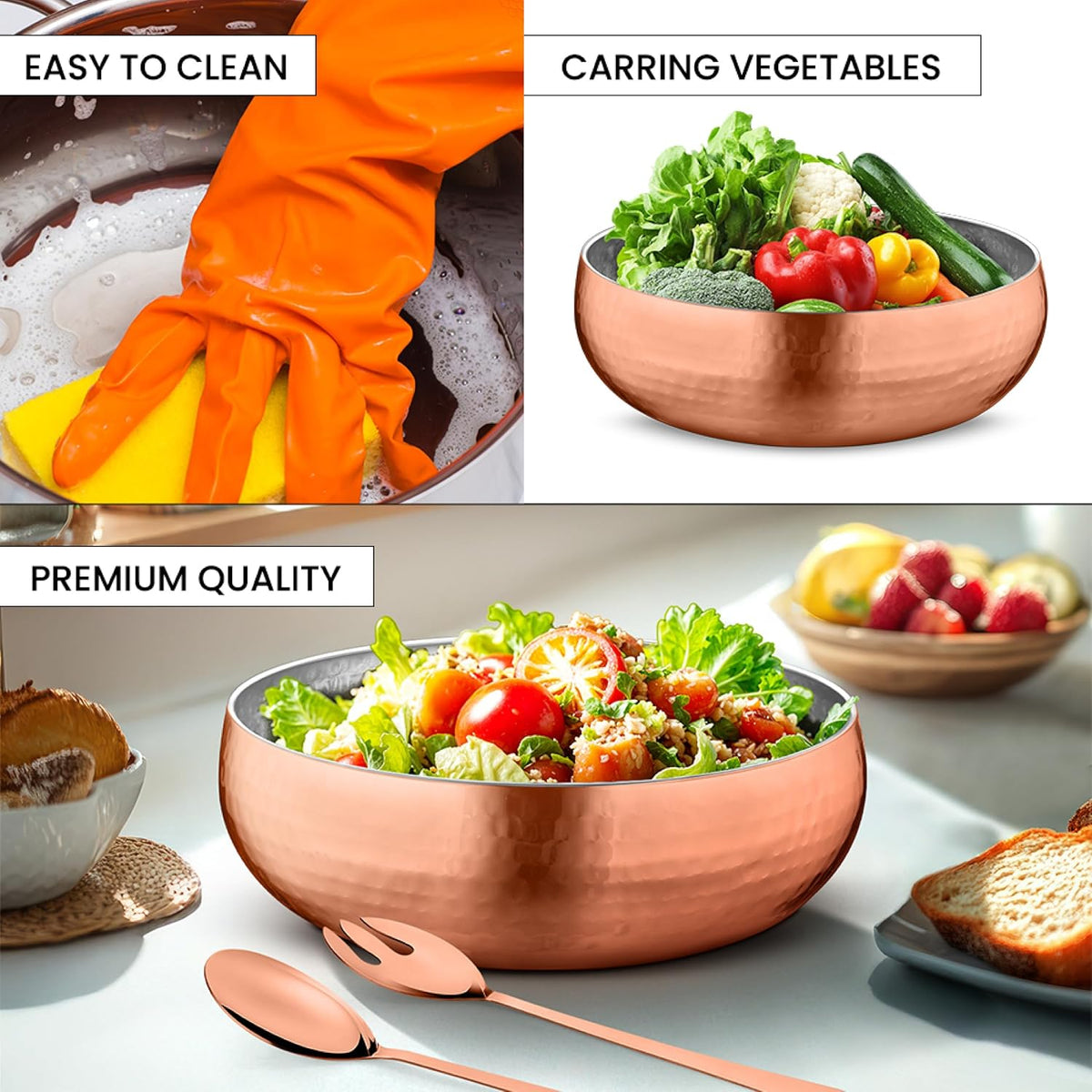 AVADOR® 3-Piece Premium Stainless Steel Salad Mixing Bowl Set - Rose Gold