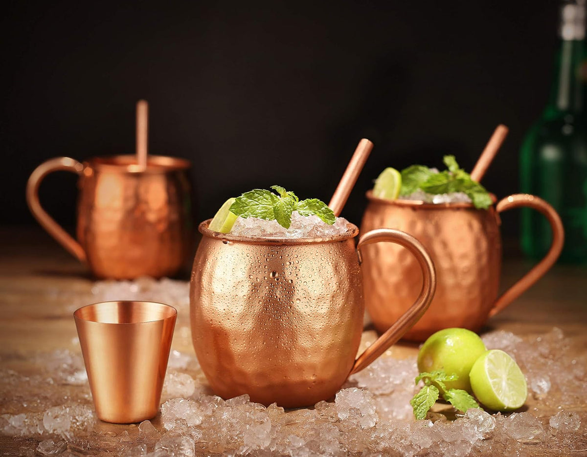 AVADOR® Set of 4 Handcrafted Pure Copper Moscow Mule Mugs with Shot Glass, Hammered Finish, 16 Oz.
