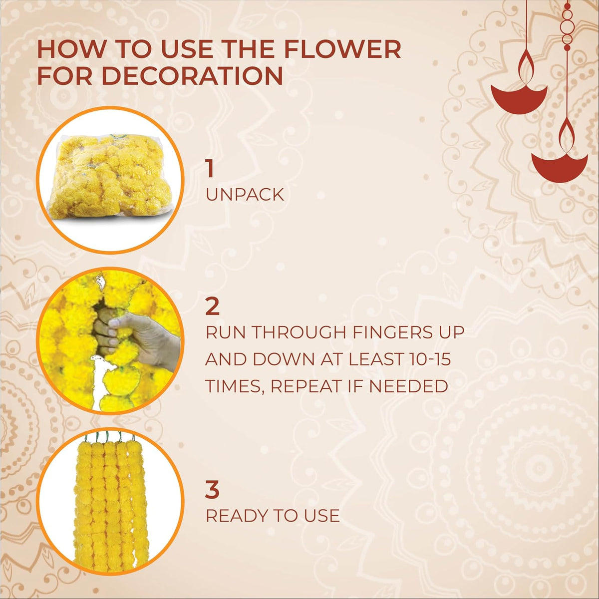 AVADOR® Set of 5 Artificial Flower Garland Strings for Special Occasions | Home Puja | Home Decor | Diwali Decor | House Warmings | Indian Wedding Celebration Lemon Yellow D1