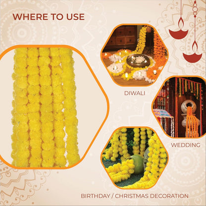 AVADOR® Set of 5 Artificial Flower Garland Strings for Special Occasions | Home Puja | Home Decor | Diwali Decor | House Warmings | Indian Wedding Celebration Lemon Yellow D1