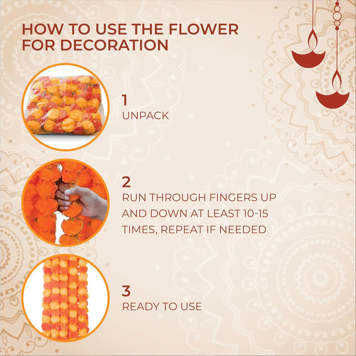 AVADOR® Set of 5 Artificial Flower Garland Strings for Special Occasions | Home Puja | Home Decor | Diwali Decor | House Warmings | Indian Wedding Celebration Mango Yellow + Orange D20