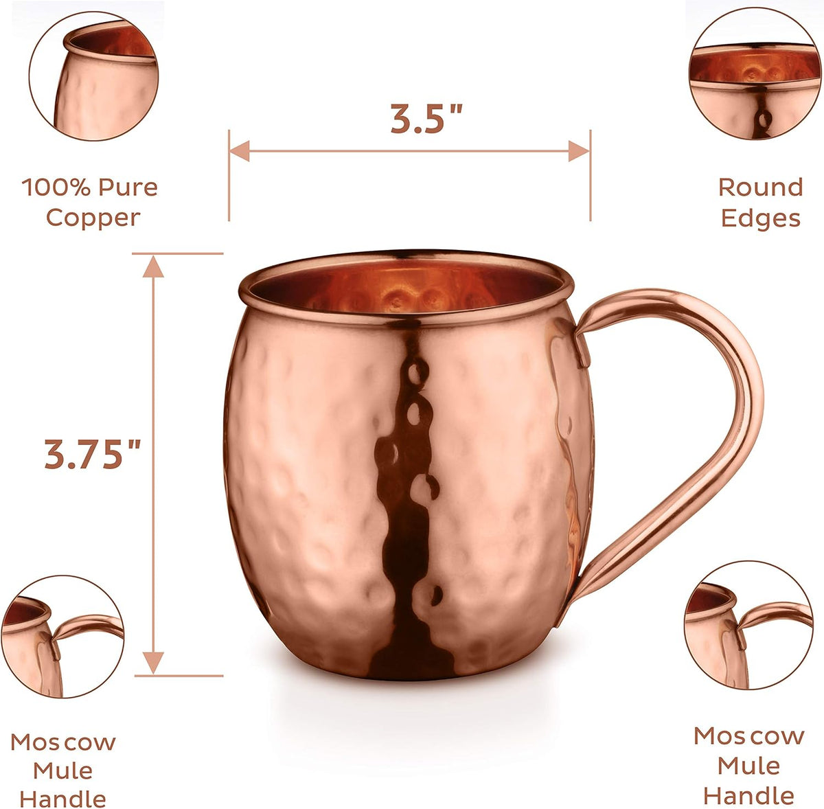 AVADOR® Set of 4 Handcrafted Pure Copper Moscow Mule Mugs with Shot Glass, Hammered Finish, 16 Oz.