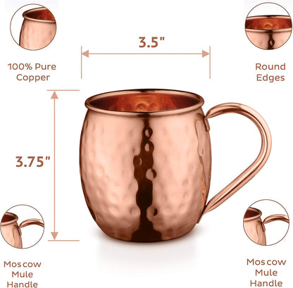 AVADOR® Set of 4 Handcrafted Pure Copper Moscow Mule Mugs with Shot Glass, Hammered Finish, 16 Oz.