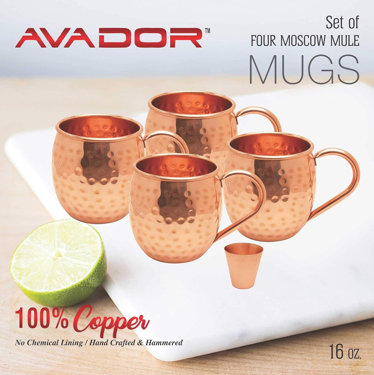 AVADOR® Set of 4 Handcrafted Pure Copper Moscow Mule Mugs with Shot Glass, Hammered Finish, 16 Oz.