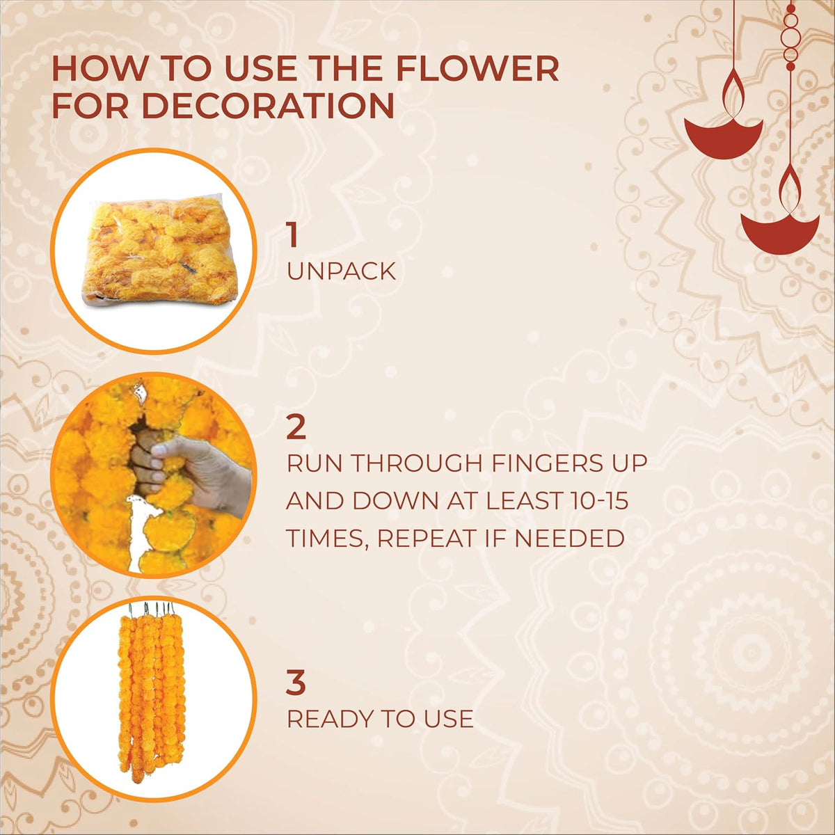 AVADOR® Set of 5 Artificial Flower Garland Strings for Special Occasions | Home Puja | Home Decor | Diwali Decor | House Warmings | Indian Wedding Celebration (Mango Yellow D3)