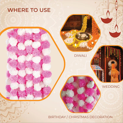 AVADOR® Set of 5 Artificial Flower Garland Strings for Special Occasions | Home Puja | Home Decor | Diwali Decor | House Warmings | Indian Wedding Celebration Pink & White