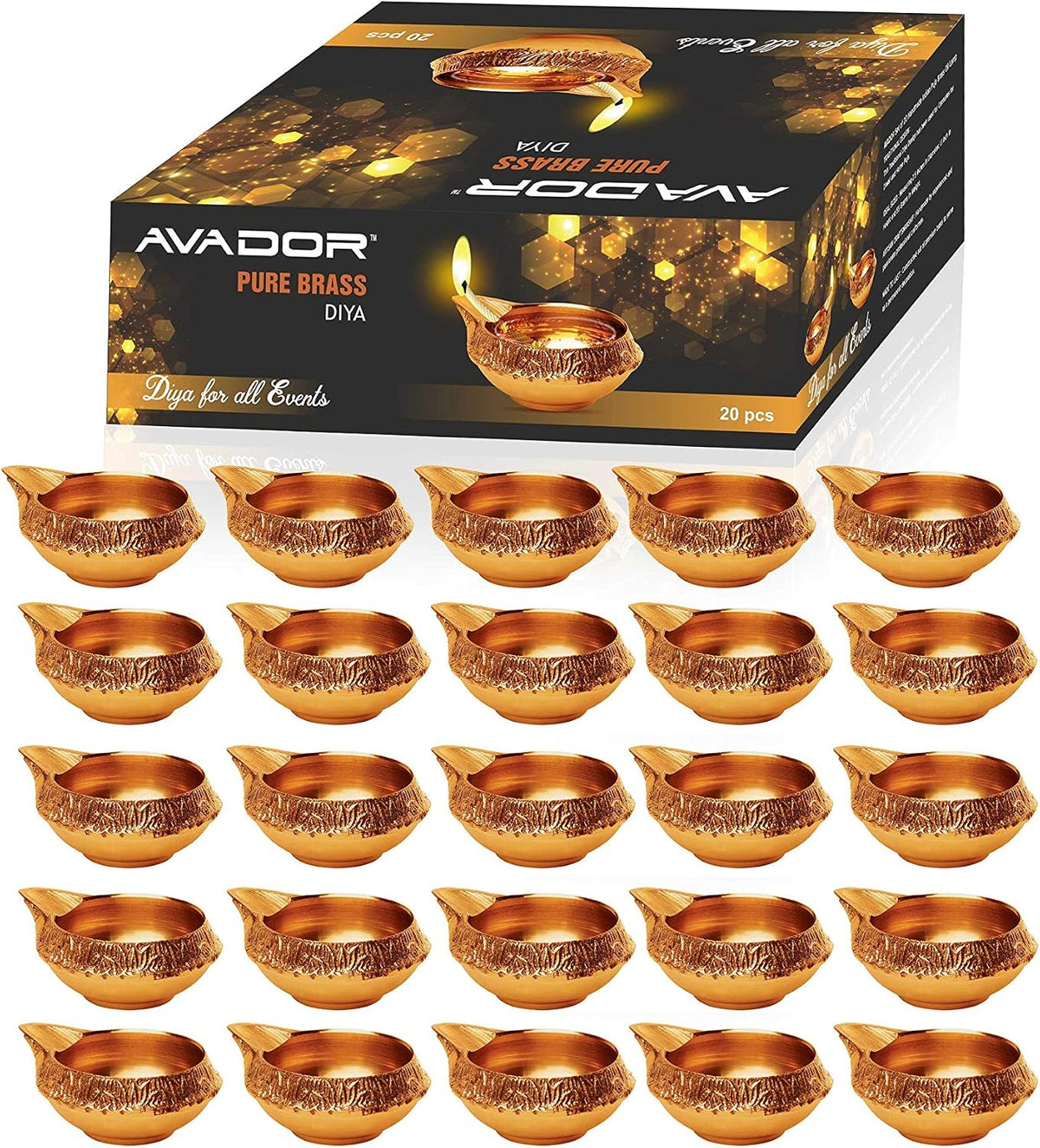 AVADOR® Handmade Brass Indian Puja Oil Lamp, Golden Diya Lamp Engraved Design, 2.5 Inch Pack of 20