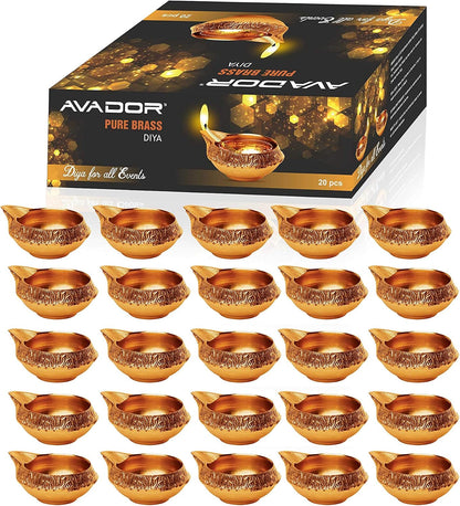AVADOR® Handmade Brass Indian Puja Oil Lamp, Golden Diya Lamp Engraved Design, 2.5 Inch Pack of 20