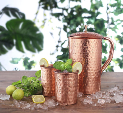 AVADOR® Handcrafted Pure Copper Pitcher/Jug with 2 Glasses, Hammered Finish
