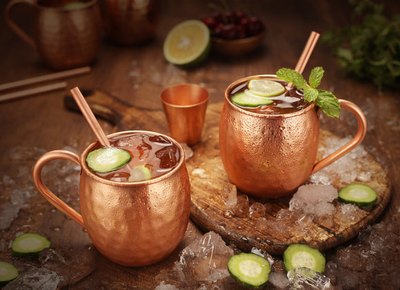 Copper Moscow Mule Mugs Hammered Finish 16 Oz Jigger, 4 Copper Straws, Brush and 4 Wooden Coasters
