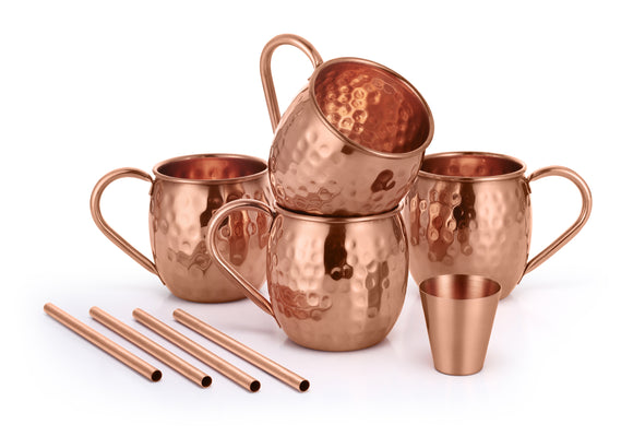 COPPER MOSCOW MULE MUGS WITH SHOT GLASS AND STRAWS AND COASTER