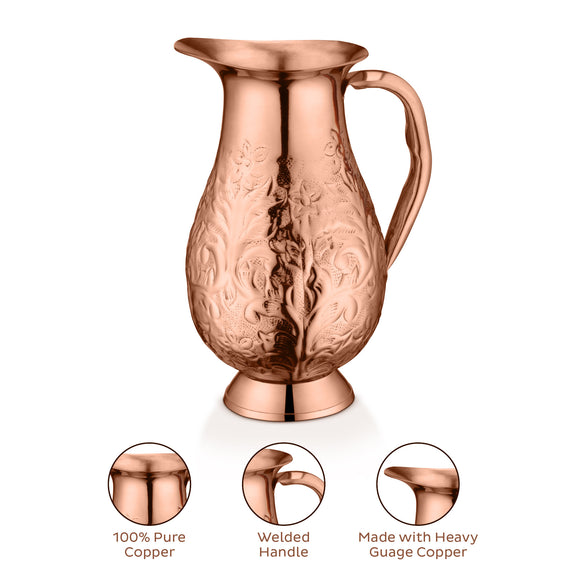 Hand Engraved 100% Pure Copper Jug Pitcher Drinkware Hammered Finish